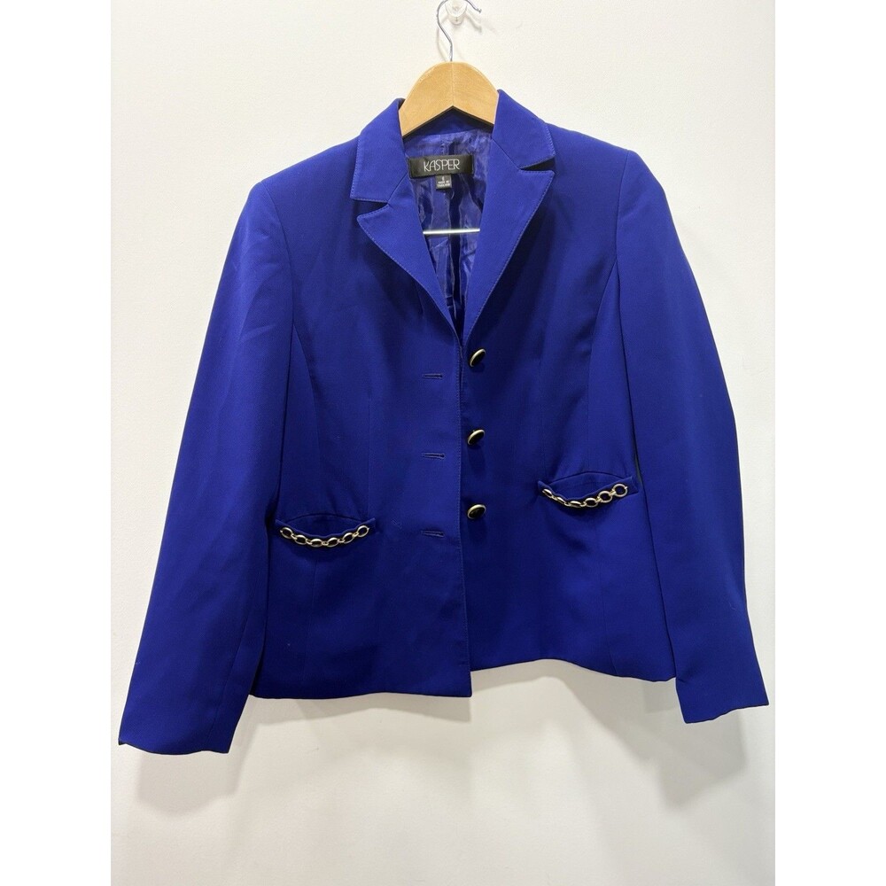 Kasper Women’s Size 6 Cobalt Blue Blazer Gold Chain Trim Button Career Jacket